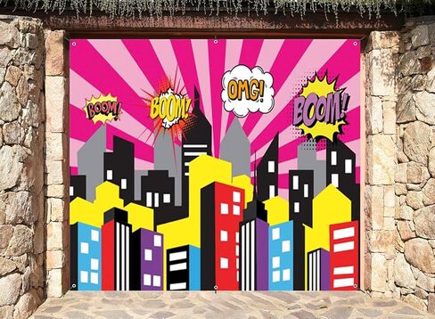 Cartoon Super City Garage Door Cover Banner Decorations Backdrop 7x8ft Superhero Super City Skyline Buildings City Boom Garage Door Cover Kids Birthday Party Cake Table Garage Door Decorations in Saudi Arabia