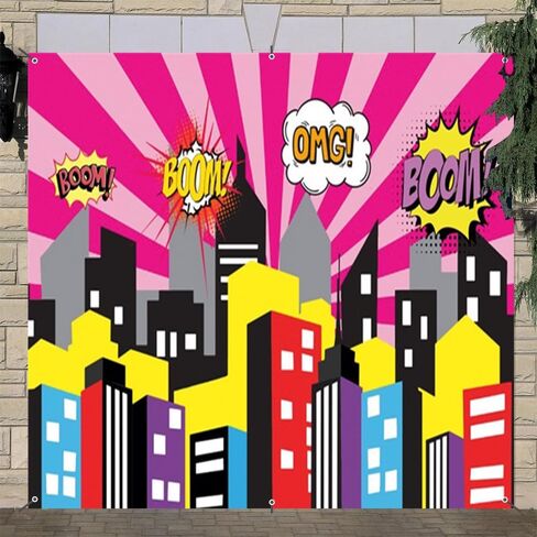 Cartoon Super City Garage Door Cover Banner Decorations Backdrop 7x8ft Superhero Super City Skyline Buildings City Boom Garage Door Cover Kids Birthday Party Cake Table Garage Door Decorations in Saudi Arabia