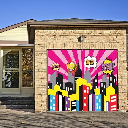 Cartoon Super City Garage Door Cover Banner Decorations Backdrop 7x8ft Superhero Super City Skyline Buildings City Boom Garage Door Cover Kids Birthday Party Cake Table Garage Door Decorations in Saudi Arabia