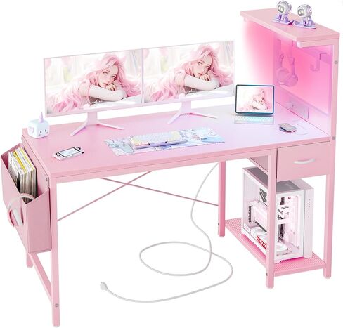 TIQLAB Gaming Desk 55 inch with Power Outlet and LED Light, Computer Desk with Reversible Shelves and Storage Drawer, Small PC Desk for Home Office Table with Bag, Carbon Fiber Pink in Kuwait