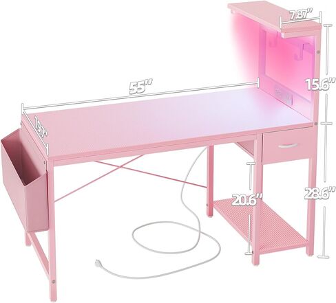TIQLAB Gaming Desk 55 inch with Power Outlet and LED Light, Computer Desk with Reversible Shelves and Storage Drawer, Small PC Desk for Home Office Table with Bag, Carbon Fiber Pink in Kuwait