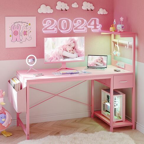 TIQLAB Gaming Desk 55 inch with Power Outlet and LED Light, Computer Desk with Reversible Shelves and Storage Drawer, Small PC Desk for Home Office Table with Bag, Carbon Fiber Pink in Kuwait
