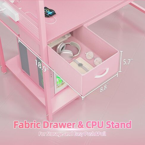 TIQLAB Gaming Desk 55 inch with Power Outlet and LED Light, Computer Desk with Reversible Shelves and Storage Drawer, Small PC Desk for Home Office Table with Bag, Carbon Fiber Pink in Kuwait