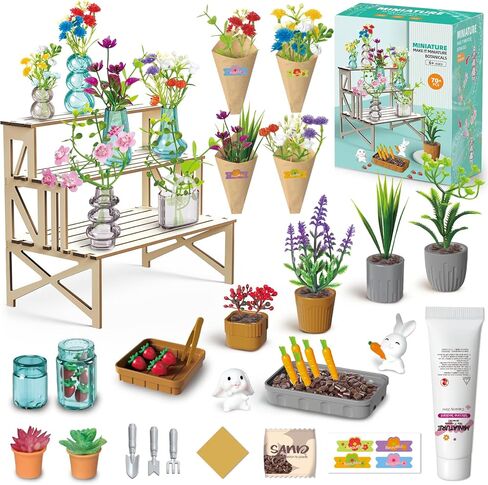 Make It Miniature Botanicals Collectibles Playset, Paper Flower Bouquet DIY Crafts, Mini Plants, Bonsai, Potted, Succulent, Garden, Farm, Wooden Stand for Display, Collectors, Toy Gift, 6+, 70 Pcs in Kuwait