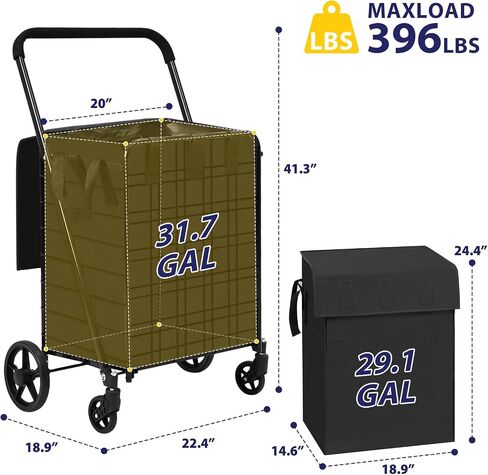 Shopping Cart for Groceries, 396 LBS Super Capacity Folding Utility Cart with Waterproof Liner, 360° Rolling Swivel Wheels Collapsible Cart, Heavy Duty Trolley for Laundry, Groceries (Jumbo+Bag) in Kuwait