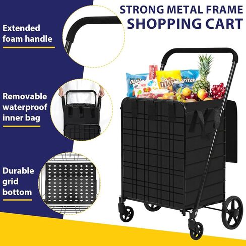 Shopping Cart for Groceries, 396 LBS Super Capacity Folding Utility Cart with Waterproof Liner, 360° Rolling Swivel Wheels Collapsible Cart, Heavy Duty Trolley for Laundry, Groceries (Jumbo+Bag) in Kuwait