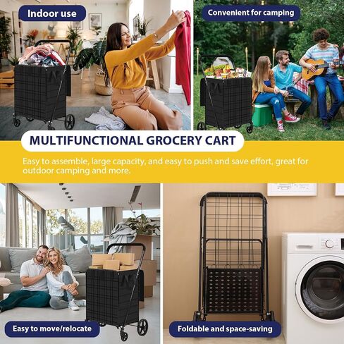 Shopping Cart for Groceries, 396 LBS Super Capacity Folding Utility Cart with Waterproof Liner, 360° Rolling Swivel Wheels Collapsible Cart, Heavy Duty Trolley for Laundry, Groceries (Jumbo+Bag) in Kuwait