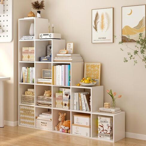 Ladder Cube Storage Bookcase - Wooden L-Shaped 5-Tier Corner Shelf, Reversible 15-Cube Organizer for Home & Office, White in Kuwait