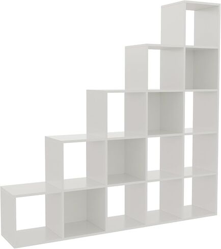 Ladder Cube Storage Bookcase - Wooden L-Shaped 5-Tier Corner Shelf, Reversible 15-Cube Organizer for Home & Office, White in Kuwait