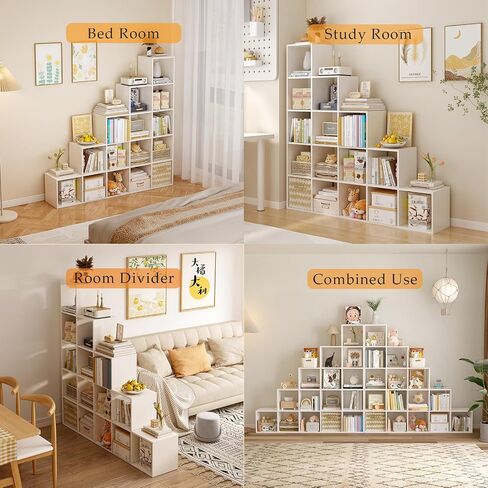 Ladder Cube Storage Bookcase - Wooden L-Shaped 5-Tier Corner Shelf, Reversible 15-Cube Organizer for Home & Office, White in Kuwait
