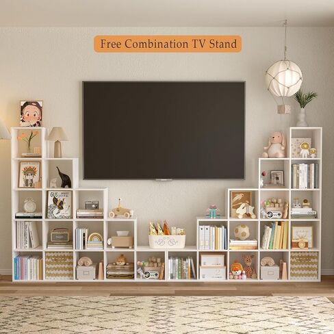 Ladder Cube Storage Bookcase - Wooden L-Shaped 5-Tier Corner Shelf, Reversible 15-Cube Organizer for Home & Office, White in Kuwait