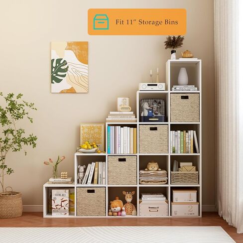 Ladder Cube Storage Bookcase - Wooden L-Shaped 5-Tier Corner Shelf, Reversible 15-Cube Organizer for Home & Office, White in Kuwait
