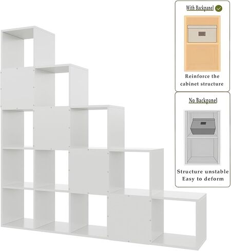Ladder Cube Storage Bookcase - Wooden L-Shaped 5-Tier Corner Shelf, Reversible 15-Cube Organizer for Home & Office, White in Kuwait