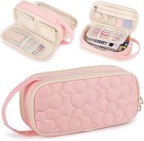 Pencil Case For Girls,Flower Quilted Large Capacity Pencil Pouch With 2 Compartment, Zipper Pencil Bag With Handle, Women Soft Pencil Box For Middle School Office College in Saudi Arabia