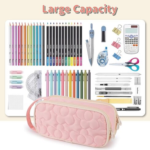 Pencil Case For Girls,Flower Quilted Large Capacity Pencil Pouch With 2 Compartment, Zipper Pencil Bag With Handle, Women Soft Pencil Box For Middle School Office College in Saudi Arabia