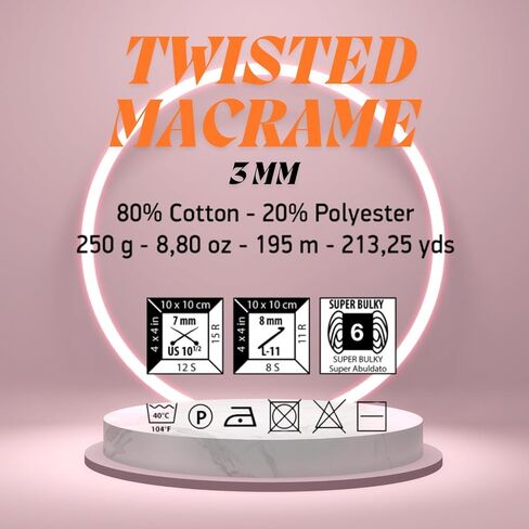 Twisted Macrame VR Cord 250g 672 feet 224 Yards Single Strand 4mm-5mm Twine Rope Sparkle Natural Cotton Cord String Crafts Wall Hanger Plant Thread Hanging 1 Skein VR 90919 in Kuwait