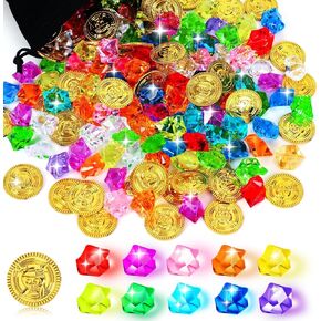MARFOREVER Pirate Treasure 60 Pieces Gold Coins and 120 Pieces Acrylic Gem Jewelry Treasure Fake Gold Coins Toys for Pirate Party Decorations Halloween Adventure Themed Event Party Supplies Favors