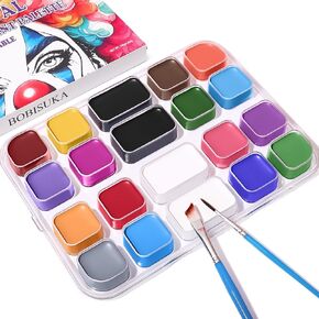 BOBISUKA 18 Color Washable Face & Body Paint Palette with Brushes, Extra Black & White Pans, Highly Pigmented Cream Formula Face Painting Kit for Halloween, Carnival, Cosplay, Festivals & SFX Makeup