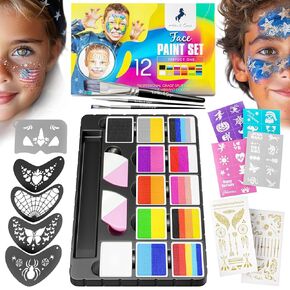 Face Paint Kit for Kids – 12 Vibrant Split Cake Colors, 40 Reusable Stencils, Brushes, Sponges & Tattoo Sheets – Non-Toxic, Paraben-Free, Easy to Apply & Wash Off – Perfect for Parties & Halloween.
