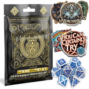 Heimdallr Mystery Metal DND DICE Set - 7pc blind bag مع فئة عشوائية وملصقات DND مضحكة - لعب الأدوار المعدنية النرد للأبراج المحصنة والتنين - هدية للمشغلات D&D ، رائعة للشخصيات الجديدة