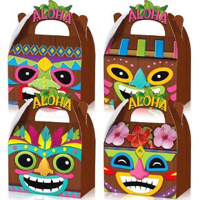Glenmal 24 Pcs Hawaiian Aloha Party Boxes Tiki Luau Treat Boxes with Handles Summer for Aloha Festival Hawaiian and Luau Party Supplies