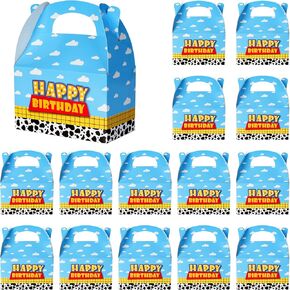 Ragnhild 16 Pcs Cartoon Story Birthday Party Favor Boxes, Cow Pattern Birthday Goodie Box Party Supplies, Blue Sky White Cloud Kraft Paper Gift Boxes for Kids Decorations