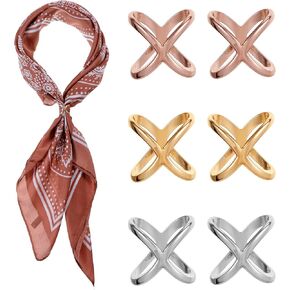 6PCS X Shape Scarf Ring Wonderful Scarf Clips Scarves Buckle Holder Silk Scarves Pin Shawl Buckles Silk Scarfs Clasp Holder Clothing Decoration Accessories for Women (Gold, Silver, Rose Gold)