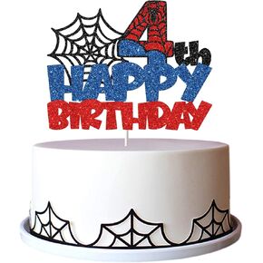Happy 4th Birthday Cake Topper, Spider Cartoon Movie Themed Happy 4th Birthday Cake Decor for Men Boy Children, Four Years Birthday Party Supplies