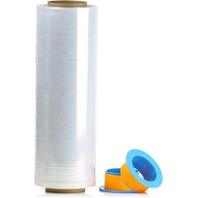 BOMEI PACK 1 Pack 1200ft Industrial Clear Stretch Wrap Film 70 Gauge 15" with 3inch Plastic Rolling Handles for Pallet Wrap, Durable Self-Adhering Packing, Moving, Heavy Duty Shrink Film