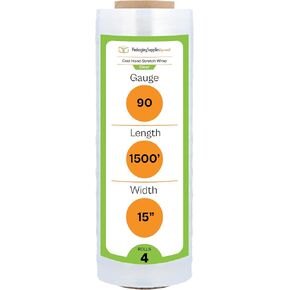 PSBM Stretch Wrap, 4 Pack, 15 Inch x 1500 Feet, 90 Gauge, Clear Plastic Cling, Cast Hand Stretch Film Rolls for Packaging Moving Packing Pallets