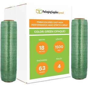 PSBM Green Stretch Wrap, 4 Pack, 18 Inch x 1500 Feet, 63 Gauge, Dark/Opaque Hand Stretch Film Rolls for Packaging Moving Packing Pallets