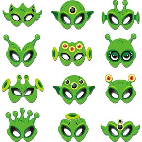 12Pcs Alien Masks Party Favors, Paper Green Alien Eye Masks UFO Theme Costumes Party Supplies Cosplay Outer Space Saucer Man Alien Birthday Party Masks