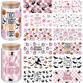 ReliThick 12 Sheets of Halloween Pink UV Dtf Cup Wrap Transfer Sticker for Glass Halloween Rub on Transfers for 16 oz Glass Cup Transfers for Furniture Waterproof Decals for Cups DIY Crafts