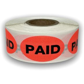 500 PCS - Oval Paid Stickers (.875"x1.5" Bright Red) Self Adhesive Labels Ideal for Supermarkets, Stores, and Retail Businesses