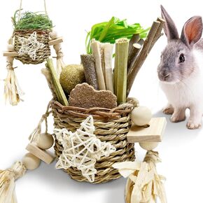 40PCS Rabbit Toys For Bunnies Boredom Basket for Small Pets, With 14PCS Replacement Pack Hanging Rodent Dental Toys with Papaya Stems Sweet Bamboo (Hamsters, Rabbits, Chinchillas, Guinea Pigs)