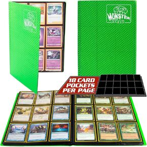 Monster 9 Pocket Trading Card Album- 20 Side Loading, Theft Deterrent, Padded Pages that Hold up to 360 cards - compatible with Yugioh, MTG, Magic The Gathering, Pokémon & Sport Cards - Holofoil Green