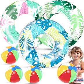 6 Pack Luau Pool Floats Kids, 3 Pcs Inflatable Hawaiian Pool Tube Swim Rings & 3 Pcs Rainbow Beach Ball, Pool Floaties Toy for Kids Adult Lake Pool Float Hawaiian Tropical Party Summer Beach Essential