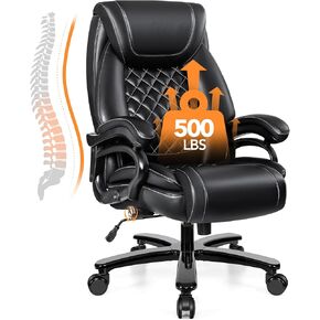 Big and Tall Office Chair for Heavy People 500lbs, Leather Executive Office Chair with Adjustable Ergonomic Lumbar Support & Thick Padded Wide Cushion Seat, Heavy Duty High Back Computer Chair, Black