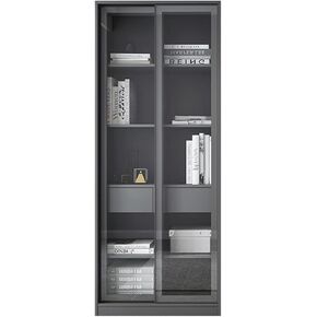 Bookcase Shelf Floor-to-Ceiling Bookcase Glass Sliding Door Display Cabinet Storage Cabinet Suitable for Living Room Bedroom Study Office Bookshelf with Storage(B,Medium)