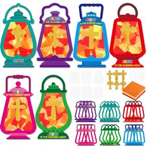 Treasure Cove Christian Sunday School Craft Jesus Lights The Way Tissue Crafts for Kids DIY Religious Oil Lamp Tissue Paper Craft Kit for Summer Camping Church Activities 24Sets