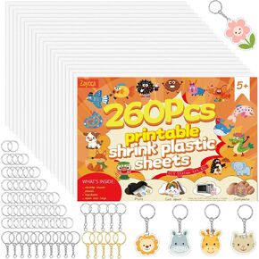 Zaycca 240 PCS Shrinky Plastic Sheets Kit Shrink Paper Keychain Kit with 20PCS Shrink Paper 220PCS Keychains and Open Iron Ring for Kids Creative Craft Marking Handprint Keychains
