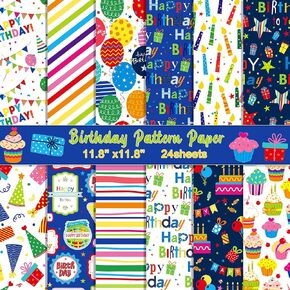 Konsait 24 Sheets Happy Birthday Scrapbook Paper 12x12, Colorful Double Sided Birthday Patterned Paper Decorative Cardstock for Greeting Card Making Scrapbook Supplies