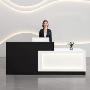 White and Black Reception Desk with LED Light Wooden Commercial Receptionists Desk Front Reception Counter Table Computer Workstation for Office Salon Checkout Right 79inch/200cm