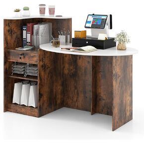 GOFLAME Reception Desk with Lockable Drawer & Adjustable Shelf, Front Counter with Oval Tabletop, Retail Register Stand, Office Computer Desk for Hotel, White + Rustic Brown