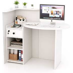 Reception Desk, Small Retail Checkout Counter with Lockable Drawer and Open Shelves, Wooden Front Desk Reception Counter, Oval Desktop & L Counter for Store Office Lobby Salon (White)