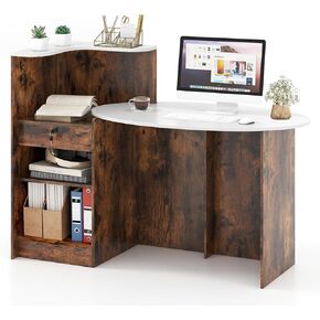 Reception Desk, 54" Large Retail Checkout Counter with Lockable Drawer and Open Shelves, Wooden Front Desk Reception Counter, Oval Desktop & L Counter for Store Office Lobby Salon