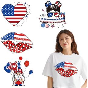 4 Sheets 4th of July Heat Transfer Iron on Patches Independence Day Heat Transfer Vinyl Patriotic Iron on Stickers Flag Decorative Patches for DIY Clothing T-Shirt Mask Jeans Backpack Decorations