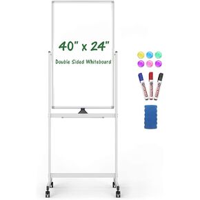 Rolling Whiteboard, 40" x 24" Magnetic Mobile White Board, Double Sided Dry Erase Board with Stand, Standing Whiteboard Easel on Wheels for Home School, Office and Classroom