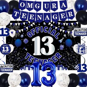 13th Birthday Decorations for Boys Girls, Blue Black Omg Ur A Teenager Birthday Party Decorations, Official 13 Teenager Backdrop, 13 Foil Balloons, Banner, Balloons, Hanging Swirls, Birthday Card Set