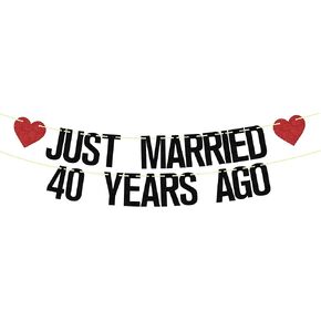 Just Married 40 Years Ago Banner, 40th Wedding Anniversary Party Banner Decorations, We Still Do 40th Banner, 40 Years Blessed & Loved Decorations Supplies Black Red Glitter…